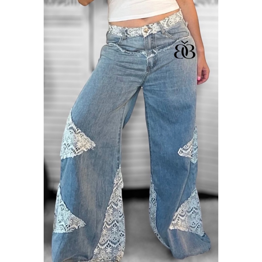 POL Vintage Washed Crochet Patched Straight Wide Leg Slouch Jeans - Picture 3 of 16